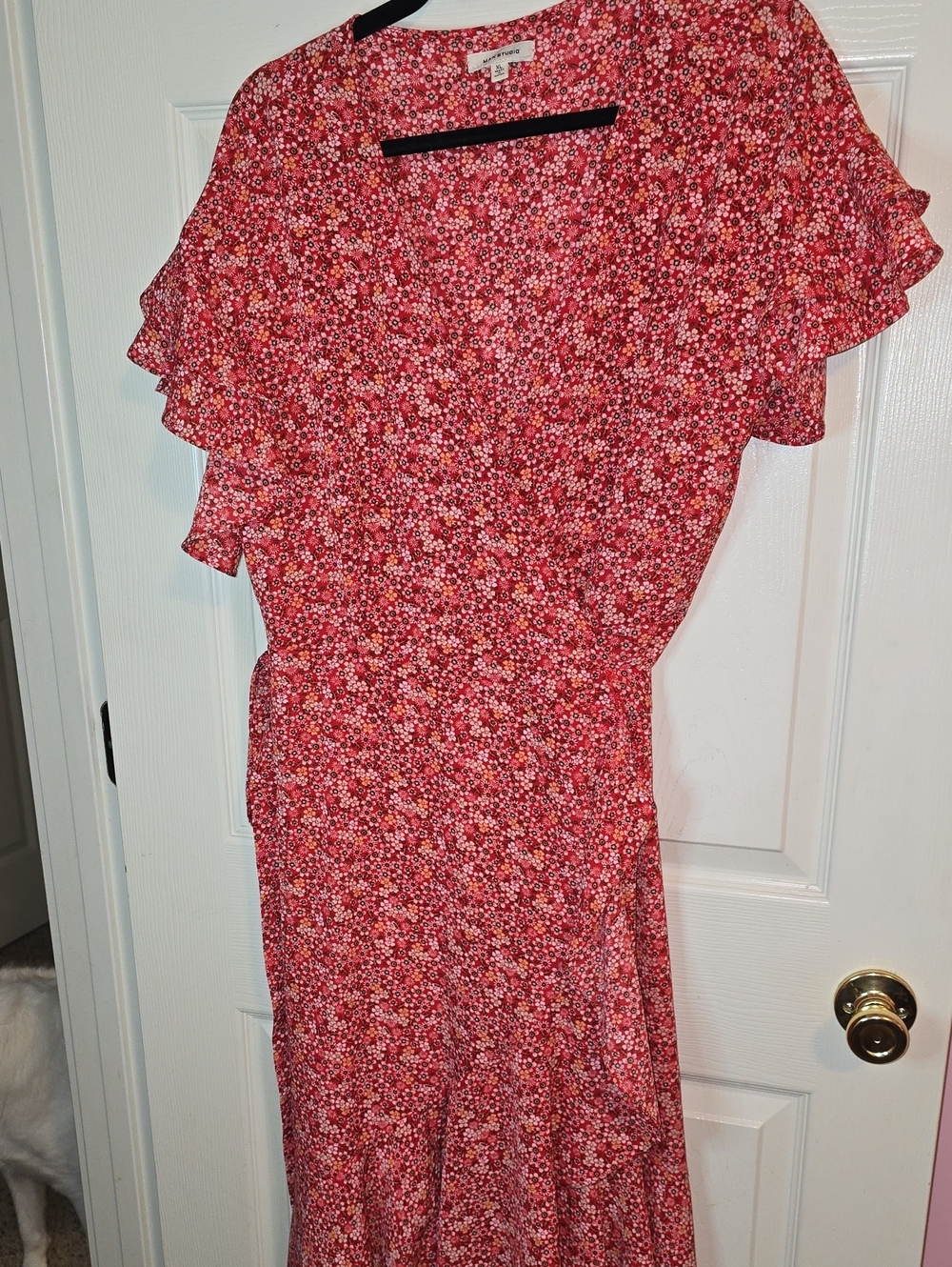 Floral Red V-Neck Ruffle Sleeve Dress‎